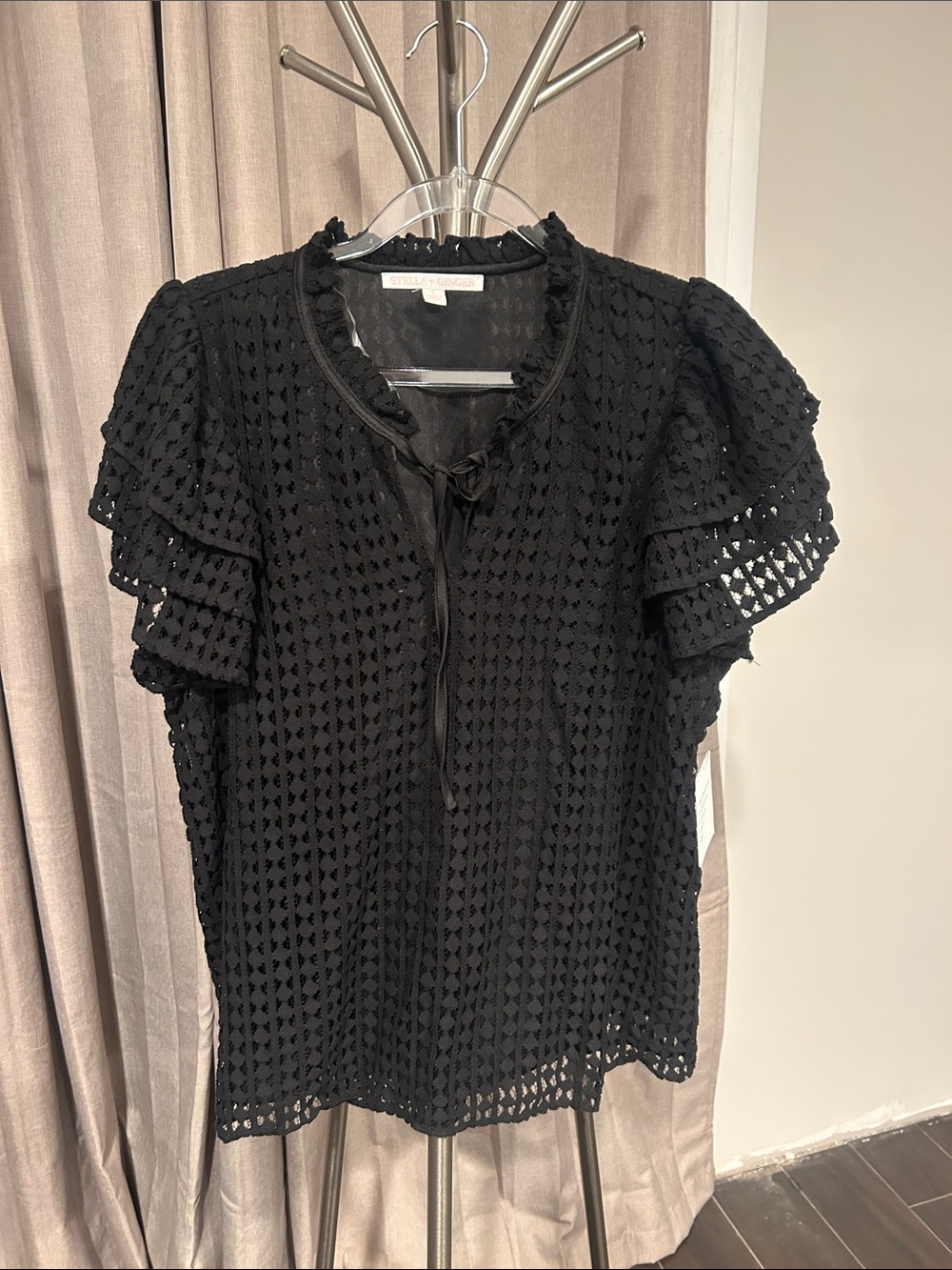 Black Eyelet Tie-Neck Ruffle Sleeve Blouse NWT